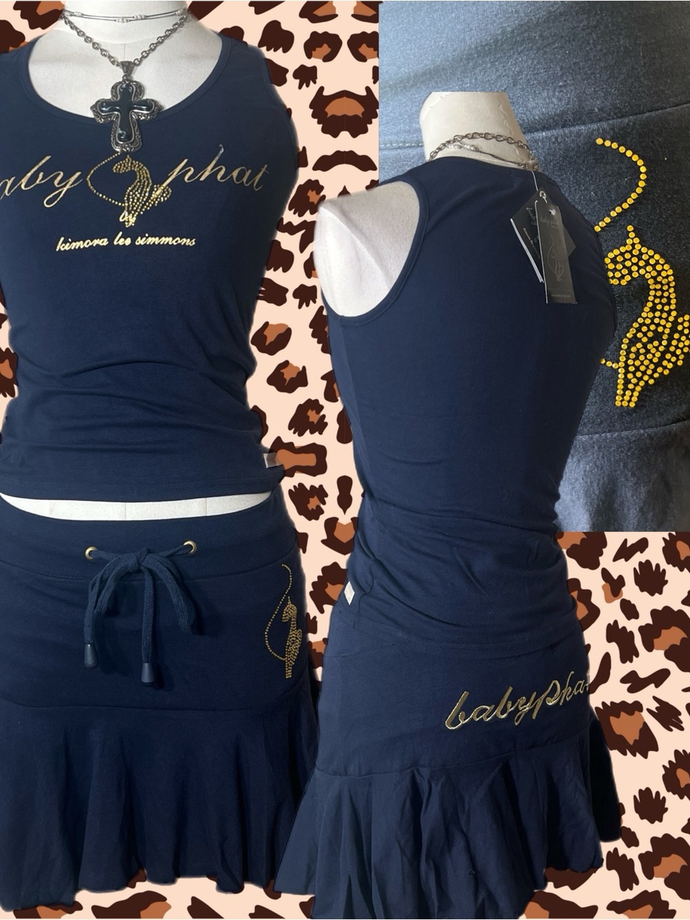 Vintage Baby Phat Navy Embroidered Rhinestone Logo Ruffle Hem Skirt Set